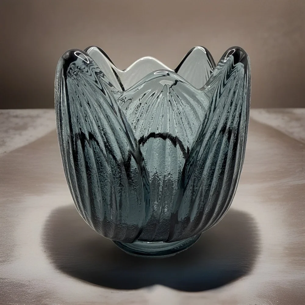 Vintage Fenton Glass Blue Lotus Tulip Leaf Votive Candle Holder